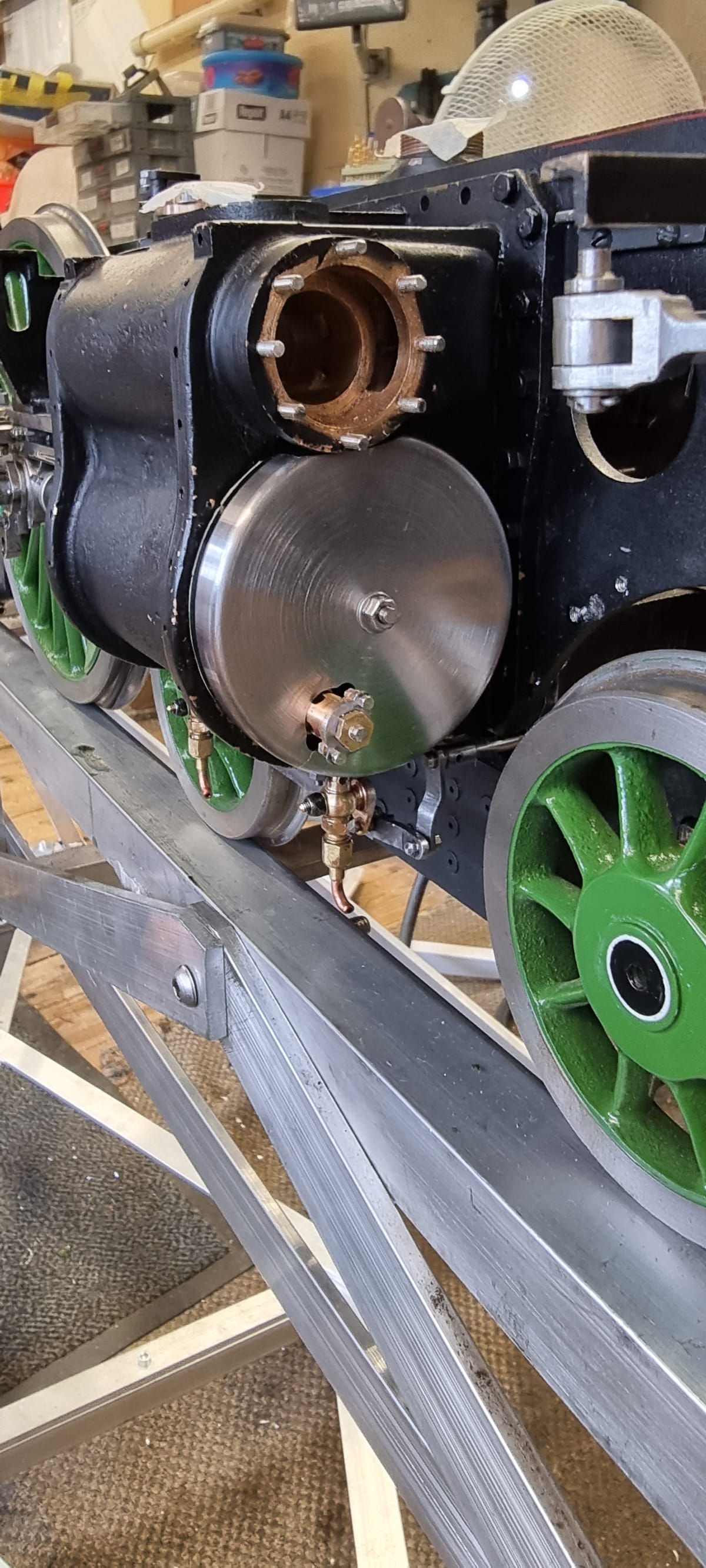Final fitting of pistons, dummy cotter joints, cylinder covers, front relief valves, and the stainless cover plates trimmed and fitted.