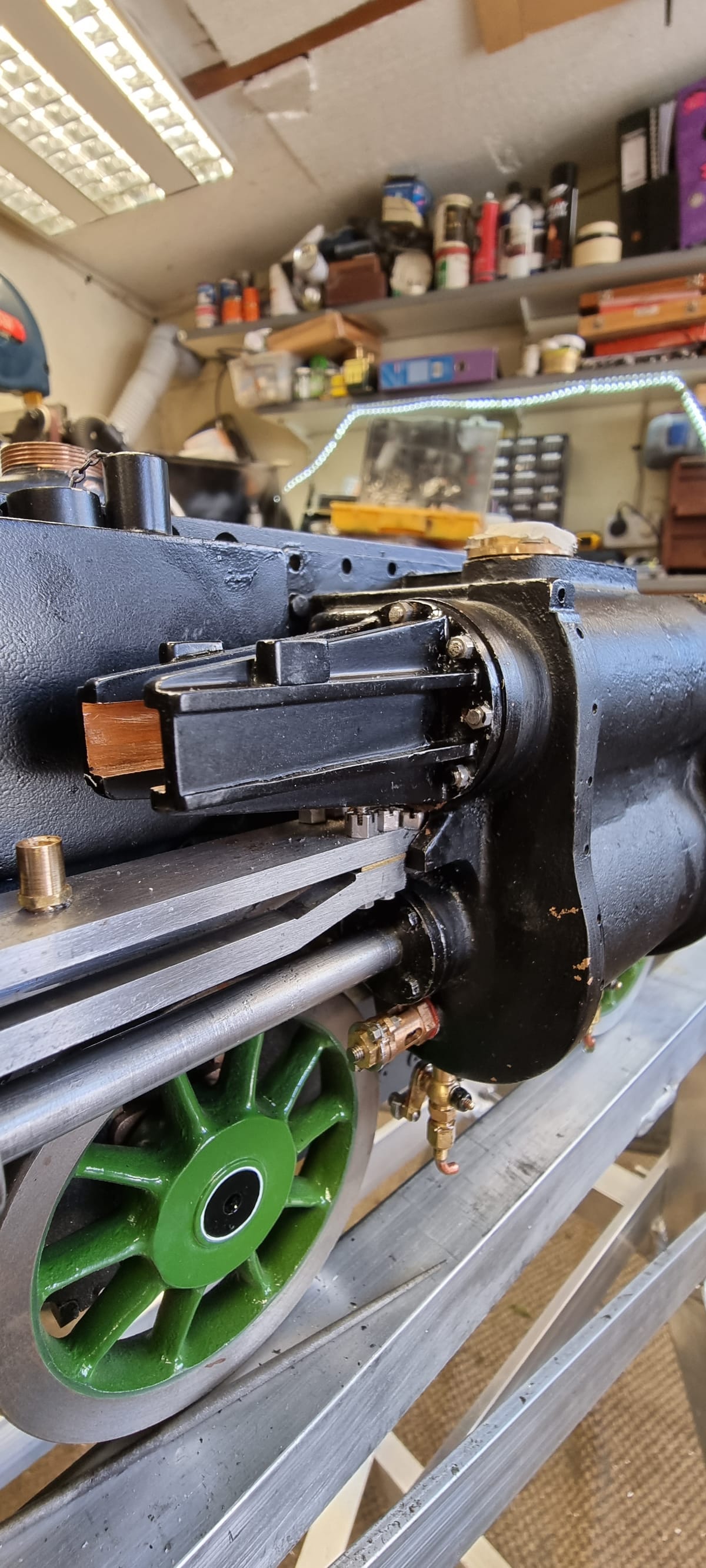 Valves: spindles cross-drilled to fit valve crossheads, valve guides painted and temporarily fitted.